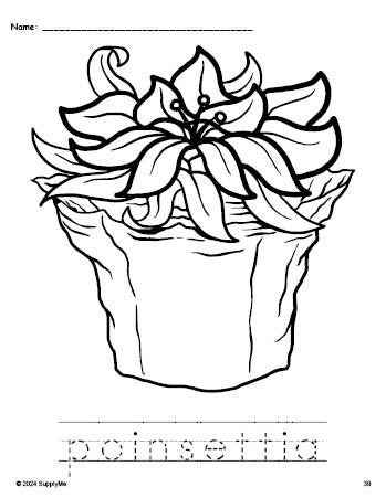 Free printable poinsettia Christmas coloring page and word tracing worksheet, perfect for preschool, pre-k, and kindergarten