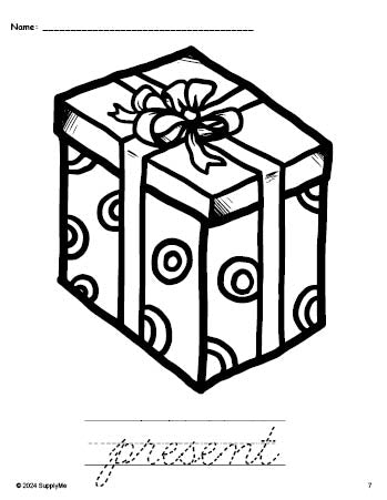 Free printable present Christmas coloring page and cursive word tracing worksheet, perfect for preschool, pre-k, and kindergarten