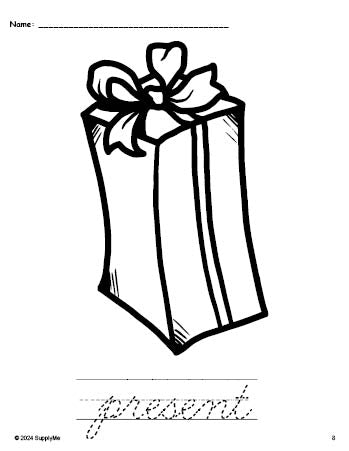 Free printable present Christmas coloring page and cursive word tracing worksheet, perfect for preschool, pre-k, and kindergarten