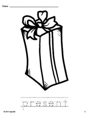 Free printable present Christmas coloring page and word tracing worksheet, perfect for preschool, pre-k, and kindergarten