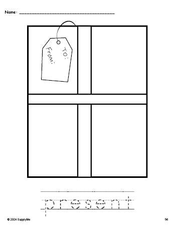 Free printable present Christmas coloring page and word tracing worksheet, perfect for preschool, pre-k, and kindergarten