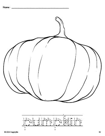 Free printable pumpkin Thanksgiving coloring page and word tracing worksheet, letter formation guides, perfect for preschool, pre-k, and kindergarten