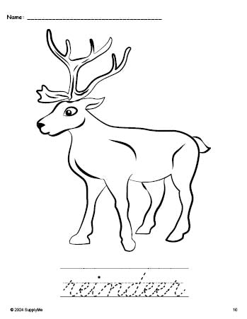 Free printable reindeer Christmas coloring page and cursive word tracing worksheet, perfect for preschool, pre-k, and kindergarten