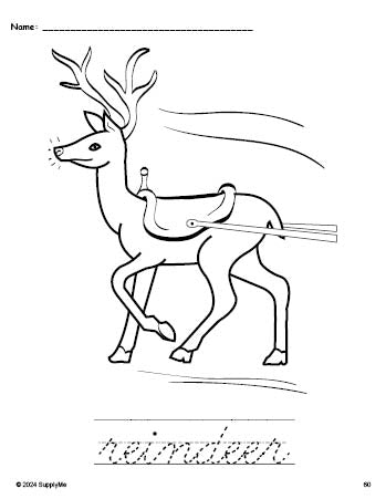 Free printable reindeer Christmas coloring page and cursive word tracing worksheet, perfect for preschool, pre-k, and kindergarten