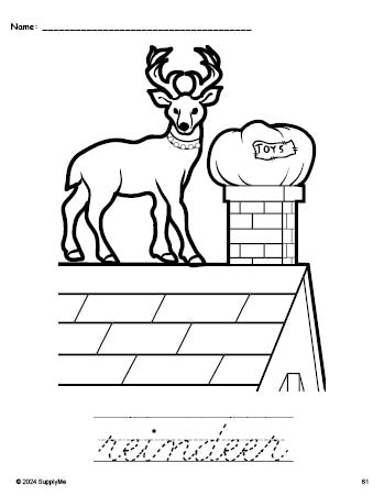 Free printable reindeer Christmas coloring page and cursive word tracing worksheet, perfect for preschool, pre-k, and kindergarten