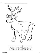 Free printable reindeer Christmas coloring page and word tracing worksheet, letter formation guides, perfect for preschool, pre-k, and kindergarten