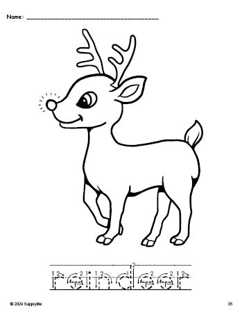 Free printable reindeer Christmas coloring page and word tracing worksheet, letter formation guides, perfect for preschool, pre-k, and kindergarten