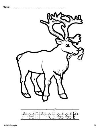 Free printable reindeer Christmas coloring page and word tracing worksheet, letter formation guides, perfect for preschool, pre-k, and kindergarten