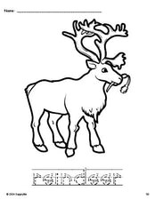 Free printable reindeer Christmas coloring page and word tracing worksheet, letter formation guides, perfect for preschool, pre-k, and kindergarten