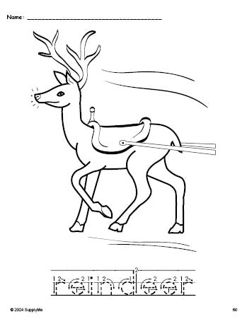 Free printable reindeer Christmas coloring page and word tracing worksheet, letter formation guides, perfect for preschool, pre-k, and kindergarten