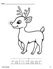 Free printable reindeer Christmas coloring page and word tracing worksheet, perfect for preschool, pre-k, and kindergarten