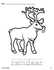 Free printable reindeer Christmas coloring page and word tracing worksheet, perfect for preschool, pre-k, and kindergarten