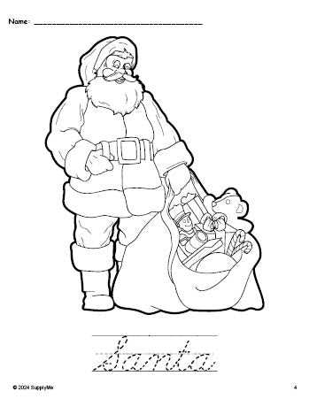 Free printable Santa Christmas coloring page and cursive word tracing worksheet, perfect for preschool, pre-k, and kindergarten