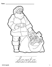 Free printable Santa Christmas coloring page and cursive word tracing worksheet, perfect for preschool, pre-k, and kindergarten