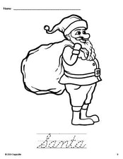 Free printable Santa Christmas coloring page and cursive word tracing worksheet, perfect for preschool, pre-k, and kindergarten