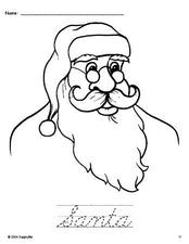 Free printable Santa Christmas coloring page and cursive word tracing worksheet, perfect for preschool, pre-k, and kindergarten