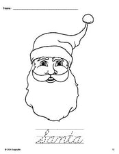 Free printable Santa Christmas coloring page and cursive word tracing worksheet, perfect for preschool, pre-k, and kindergarten