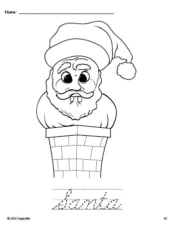 Free printable Santa Christmas coloring page and cursive word tracing worksheet, perfect for preschool, pre-k, and kindergarten