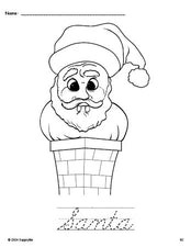 Free printable Santa Christmas coloring page and cursive word tracing worksheet, perfect for preschool, pre-k, and kindergarten