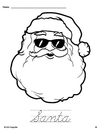 Free printable Santa Christmas coloring page and cursive word tracing worksheet, perfect for preschool, pre-k, and kindergarten