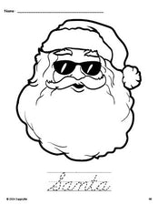 Free printable Santa Christmas coloring page and cursive word tracing worksheet, perfect for preschool, pre-k, and kindergarten