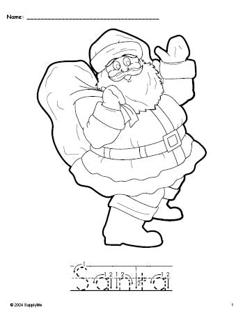 Free printable Santa Christmas coloring page and word tracing worksheet, letter formation guides, perfect for preschool, pre-k, and kindergarten