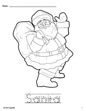 Free printable Santa Christmas coloring page and word tracing worksheet, letter formation guides, perfect for preschool, pre-k, and kindergarten