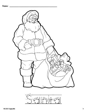 Free printable Santa Christmas coloring page and word tracing worksheet, letter formation guides, perfect for preschool, pre-k, and kindergarten