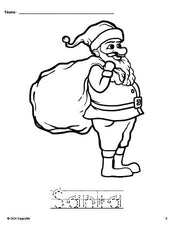 Free printable Santa Christmas coloring page and word tracing worksheet, letter formation guides, perfect for preschool, pre-k, and kindergarten