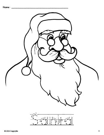 Free printable Santa Christmas coloring page and word tracing worksheet, letter formation guides, perfect for preschool, pre-k, and kindergarten