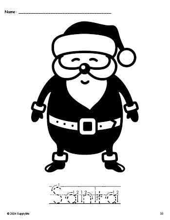 Free printable Santa Christmas coloring page and word tracing worksheet, letter formation guides, perfect for preschool, pre-k, and kindergarten