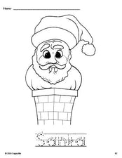 Free printable Santa Christmas coloring page and word tracing worksheet, letter formation guides, perfect for preschool, pre-k, and kindergarten