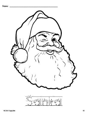 Free printable Santa Christmas coloring page and word tracing worksheet, letter formation guides, perfect for preschool, pre-k, and kindergarten