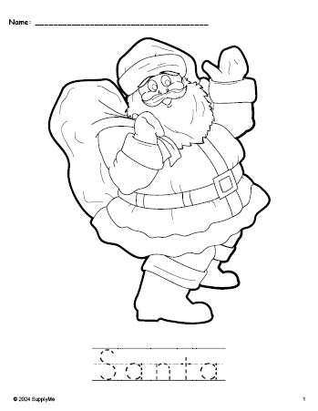 Free printable Santa Christmas coloring page and word tracing worksheet, perfect for preschool, pre-k, and kindergarten