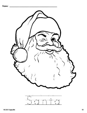 Free printable Santa Christmas coloring page and word tracing worksheet, perfect for preschool, pre-k, and kindergarten