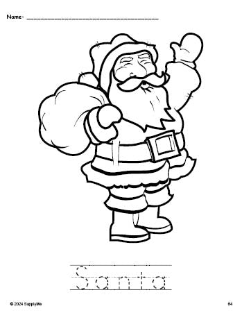 Free printable Santa Christmas coloring page and word tracing worksheet, perfect for preschool, pre-k, and kindergarten