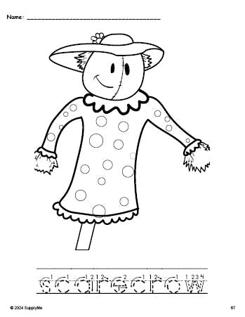 Free printable scarecrow fall coloring page and word tracing worksheet, letter formation guides, perfect for preschool, pre-k, and kindergarten