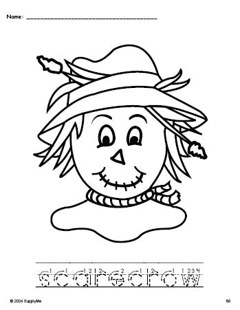 Free printable scarecrow fall coloring page and word tracing worksheet, letter formation guides, perfect for preschool, pre-k, and kindergarten