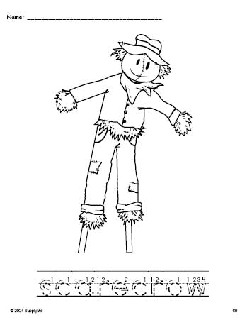 Free printable scarecrow fall coloring page and word tracing worksheet, letter formation guides, perfect for preschool, pre-k, and kindergarten