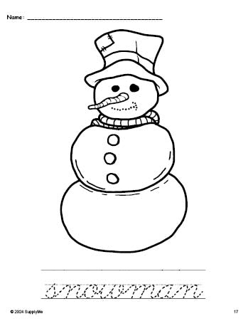 Free printable snowman winter coloring page and cursive word tracing worksheet, perfect for preschool, pre-k, and kindergarten