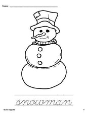 Free printable snowman winter coloring page and cursive word tracing worksheet, perfect for preschool, pre-k, and kindergarten