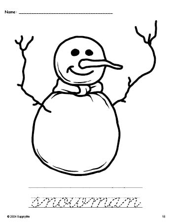 Free printable snowman winter coloring page and cursive word tracing worksheet, perfect for preschool, pre-k, and kindergarten