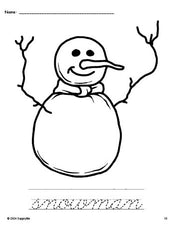 Free printable snowman winter coloring page and cursive word tracing worksheet, perfect for preschool, pre-k, and kindergarten