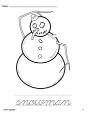 Free printable snowman winter coloring page and cursive word tracing worksheet, perfect for preschool, pre-k, and kindergarten