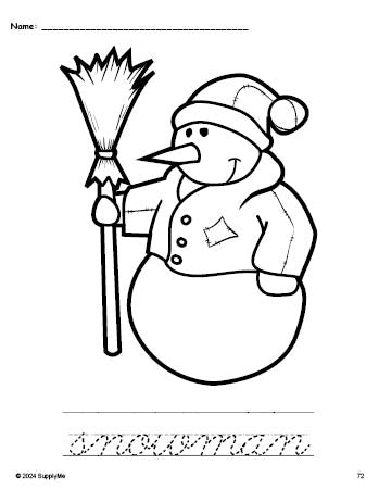 Free printable snowman winter coloring page and cursive word tracing worksheet, perfect for preschool, pre-k, and kindergarten