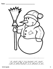 Free printable snowman winter coloring page and cursive word tracing worksheet, perfect for preschool, pre-k, and kindergarten