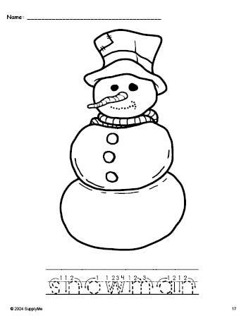 Free printable snowman winter coloring page and word tracing worksheet, letter formation guides, perfect for preschool, pre-k, and kindergarten