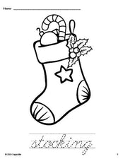 Free printable stocking Christmas coloring page and cursive word tracing worksheet, perfect for preschool, pre-k, and kindergarten