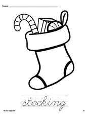 Free printable stocking Christmas coloring page and cursive word tracing worksheet, perfect for preschool, pre-k, and kindergarten