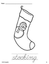 Free printable stocking Christmas coloring page and cursive word tracing worksheet, perfect for preschool, pre-k, and kindergarten